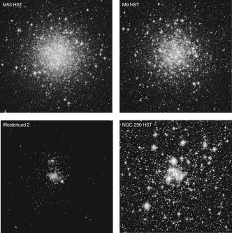 Which of the clusters in this figure are open clusters?   A)  Westerlund 2 and M53 B)  NGC 290 and M9 C)  NGC 290 and Westerlund 2 D)  M9 and Westerlund 2 E)  M53 and NGC 290