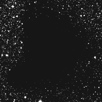 What is the most likely explanation for the dark area in the image below?   A)  It is a region where there are no stars. B)  It is a region with lots of dark matter. C)  It is a super-massive black hole. D)  It is a region with thick dust blocking the starlight coming from behind. E)  It is a dark star cluster.