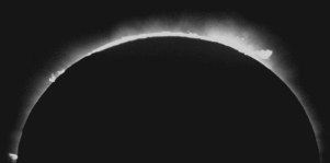 The image below shows the Sun during a solar eclipse at visible wavelengths.   Which part of the Sun is visible around the shadow of the Moon? A)  chromosphere B)  photosphere C)  radiative zone D)  convective zone E)  corona