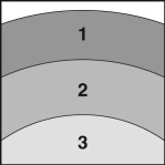 The figure below shows a drawing of some of the layers inside the atmosphere of Jupiter. The layer at the top of the figure is closest to the outer surface of Jupiter, while the bottom layer is closer to the core.   Which of these is a possible list of what the layers contain, starting with layer 1 and moving to layer 3? A)  gas, solid, liquid B)  gas, smooth transition from gas to solid, solid C)  gas, distinct line between gas and solid, solid D)  gas, smooth transition from gas to liquid, liquid E)  gas, distinct line between gas and liquid, liquid
