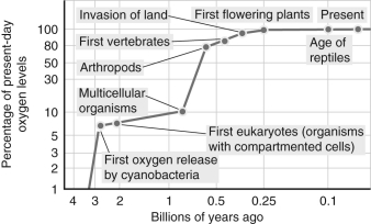 According to the figure shown below, approximately how many years ago did oxygen finally get to half its current abundance in Earth's atmosphere?   A)  3 billion years ago B)  1 billion years ago C)  0.6 billion years ago D)  0.25 billion years ago E)  0.1 billion years ago