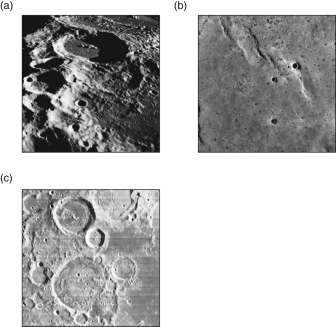 Which list below gives the correct order of the age of the three lunar surfaces shown in the figure below going from youngest to oldest?   A)  A, B, C B)  A, C, B C)  B, A, C D)  B, C, A E)  C, B, A