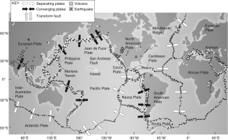 Examine the figure below that shows the continental plates of the Earth and the locations of volcanoes and earthquakes. Which statement is FALSE?   A)  The Earth's crust is broken up into 13 separate continental plates. B)  Volcanoes occur more often where two plates are coming together rather than spreading apart. C)  Earthquakes happen where two plates come together and when they spread apart. D)  The Atlantic Ocean is getting smaller with time. E)  Southern California in the United States and Baja in Mexico are sliding northeastward relative to the rest of the North American Plate.