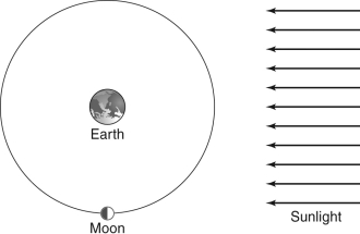 Based on the location of the moon in the diagram below, draw a picture of how the moon would appear to an observer located on Earth.  