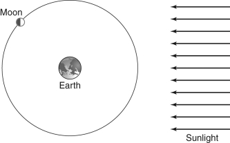 Based on the location of the moon in the diagram below, draw a picture of how the moon would appear to an observer located on Earth.  