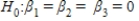 In testing the significance of a multiple regression model with three independent variables,the null hypothesis is   .