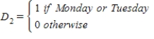 A local newspaper that appears six days per week wanted to forecast two-day revenues from its business services classified ads section.The revenues (in $1,000s)were recorded for the past 52 weeks.From these data,the following regression equation was computed:   = 2000 + 0.6t− 150D<sub>1</sub>− 40D<sub>2</sub> (t = 1,2,3,...,156) where   and   Forecast the two-day revenues for the next week.