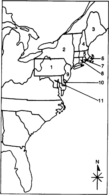 COMPLETION Locate the following places by reference number on the map:   ____ Pennsylvania<div style=padding-top: 35px> 