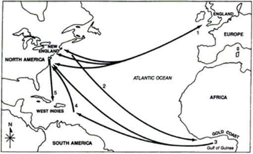 Identify the customary eighteenth-century shipping routes for the following cargoes by reference number on the map.    -____ Slaves