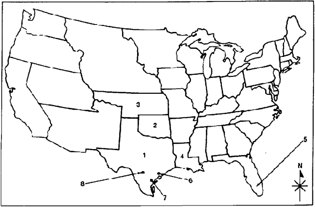 Locate the following places by reference number on the map:    -____ Everglades