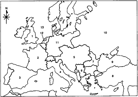 Locate the following places by reference number on the map:    -____ Three nations associated as the Allies at the outbreak of World War I.