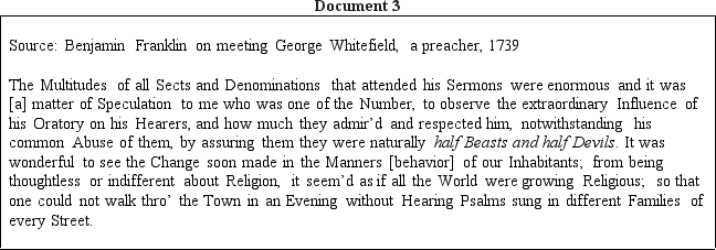 Directions: These questions are based on the accompanying documents.The documents have been edited for the purpose of this exercise. In your response you should do the following: •State a relevant thesis that directly addresses all parts of the question. •Support the thesis or a relevant argument with evidence from all,or all but one,of the documents. •Incorporate analysis of all,or all but one,of the documents into your argument. •Focus your analysis of each document on at least one of the following: intended audience,purpose,historical context,and/or point of view. •Support your argument with analysis of historical examples outside the documents. •Connect historical phenomena relevant to your argument to broader events or processes. •Synthesize the elements above into a persuasive essay that extends your argument,connects it to a different historical context,or accounts for contradictory evidence on the topic. In what ways,and to what extent,did religion shape American culture in the period from 1607-1754?              <div style=padding-top: 35px> 