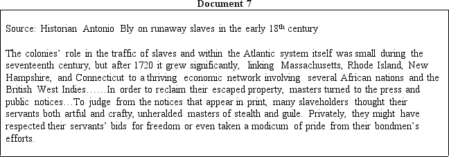 Directions: These questions are based on the accompanying documents.The documents have been edited for the purpose of this exercise. In your response you should do the following: •State a relevant thesis that directly addresses all parts of the question. •Support the thesis or a relevant argument with evidence from all,or all but one,of the documents. •Incorporate analysis of all,or all but one,of the documents into your argument. •Focus your analysis of each document on at least one of the following: intended audience,purpose,historical context,and/or point of view. •Support your argument with analysis of historical examples outside the documents. •Connect historical phenomena relevant to your argument to broader events or processes. •Synthesize the elements above into a persuasive essay that extends your argument,connects it to a different historical context,or accounts for contradictory evidence on the topic. In what ways,and to what extent,did religion shape American culture in the period from 1607-1754?              <div style=padding-top: 35px> 