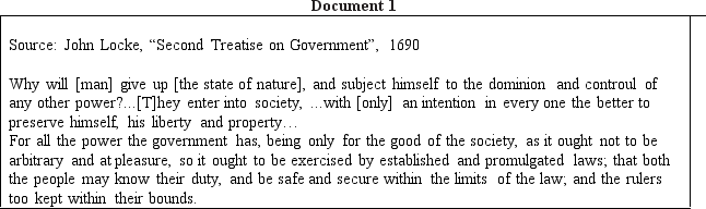 Directions: These questions are based on the accompanying documents.The documents have been edited for the purpose of this exercise. In your response you should do the following: •State a relevant thesis that directly addresses all parts of the question. •Support the thesis or a relevant argument with evidence from all,or all but one,of the documents. •Incorporate analysis of all,or all but one,of the documents into your argument. •Focus your analysis of each document on at least one of the following: intended audience,purpose,historical context,and/or point of view. •Support your argument with analysis of historical examples outside the documents. •Connect historical phenomena relevant to your argument to broader events or processes. •Synthesize the elements above into a persuasive essay that extends your argument,connects it to a different historical context,or accounts for contradictory evidence on the topic. To what extent did the newly created United States government uphold the Revolutionary principles on which it was founded in the period from 1776 to 1800?              <div style=padding-top: 35px> 