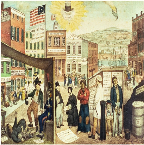 The following questions refer to the cartoon below.     Museum of the city of New York,USA/Bridgeman Images -The cartoon demonstrates the growing economic divisions brought on by A)  the market revolution. B)  the election of Andrew Jackson. C)  the Second Great Awakening. D)  the ratification of the Constitution.