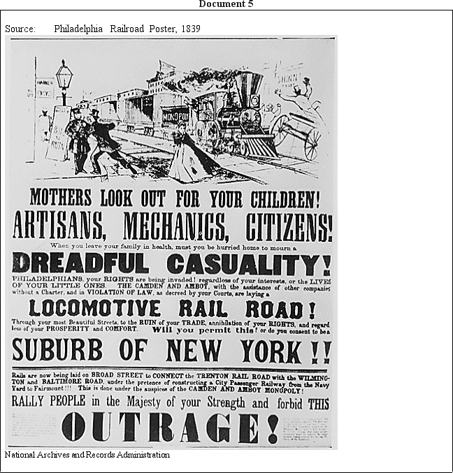  Evaluate the impact of transportation on the growth of the United States during the first half of the nineteenth century.  Document 1 Source: J.H.B. Latrabe, 1811 In the latter part of September, 1811, the New Orleans, after a short exgerimental trip up the Monongahela, commenced her voyege... the voyege which changed the relations of the West-which may almost be said to heve changed its destiny On ane accasion, alarge canoe, fully maned came aut of the woods... The Indians, autrumbering the crew of the versel padneded after it. There was at ance arace, and for a time the contest was equal... Steam had the advantage of enchurance, and the Indians with wild shouts  \ldots  gave up the pursuit...   Document 3 Source: Jah C. Calhoun December 19, 1828 We cultivate certan great staples for the supply of the general market af the warld; and they manufacture almost exclusively far the home market. Their abject in the Tariff is to keep down fareign competition, in arter to obtain a monopoly of the damestic market. The effect on us is to compel us to purcha5e at a higher price, both what we purchase from them ant from athers, without receiving a carrespanding increase of price for what we sell. The price, at which we can afford to cultivate, must depend an the price at which we receive aur supplies. The lower the latter, the lower we may dispose of aur products with profit; and in the same degee dur capacity of meeting campetition is increased; an the cantrary, the higher the price of aur supplies, the less the profit at the same price, and the less consequenty the capacity far meeting competition. ... The case then, farly stated between us and the manufacturing States, is, that the Tariff gives them a prohibition against foreipn competition in our awn market in the sale of their poods, and deprives us of the benefit of a campetitin of purchasers for aur raw material. They wha say, that they cannot compete with foreigners at their own doars without an advantage of nearly fifty per cent. exgact us to meet them abroad unter a disatvantage equal to their encuuragement. But the oppression preat as it is to us, will not stop at this point.   Document 4 Saurce: Andrew Jacksan speech to Congess, 1830 Ta the House of Representatives: Gentlemen, Ihave maturely considered the bill proposing to autharize ansubscription af stack in the Maysville..Road Company,  and now return the same to the House of Representatives, in which it aripinated writh my objections to its passage.. Such grants [af money by the federal government] have always been [passed] under the control of the eeneral principle that the warks which might be thus aided should be  af a general not local national not State,  character. A disregard of this distinction wauld af necessity lead to the subversion of the federal system... I am not able to view [the Maysville Raad Bill] in any other light than a5 a measure of purely local character... It has no connection with any established system of improvements; [mi] is exclusively within the lirrits of a State [Kentucky]...       Document 6 Saurce: Saruel Marse to Senatar F.O.J. Srith Februrary 15, 1838 This mode of instantanedus commurication must inevitably became an instrument af immense power, to be wrelded far good or far evil as it shall be properly ar improperly directed ..If no insumountable obstacles present themselves in a distance of une hundred miles, none may be exgected in ane thousand or in ten thousand miles; and then will be presented for the consideration af the Government the propriety of completely argarizang this _new telegraghic system as a part of the Guvernment. attaching it to same department alreaty existing or creating a new ane which may be called for by the accumulating duties of the present departments...   Document 7 Saurce: Jasiah Greg Commeres of the Frairies, 1842 It is from this period -the year 1822 - that the virtual commencement of the SANTA FE TRADE may be dated The next remarkable era in its history is the first attempt to intraduce wagons in these expeplitions. This was made in 1824 by a compary of traders, about eighty in mumber, among whom were several gentlemen of intelligence from Missauri, who contributed by their superior skill and undaunted energy, to render the enterprise campletely successful. A portion of this campany employed pack-mules: among the rest were awned twenty-Eve wheled vehicles, of which ane ar twa were stout raad-wagons, twa were carts, and the rest Dearborn carrieges the whole conveying 50me \$25,000 ar 330,000 warth of merchandise. Colonel Marmaduke, the present Lestenant-Governor of Missouri, having formed ane of the party, has been pleased to place his diary of that eventful jauney at my disposal; but want of space necessarly compels me to pass cver the many interesting and exciting incidents which it contains. Suffice it to 5 ay that the caravan reached Santa Fe with much less difficuly than must have been anticipated from a first exgeriment writh wheeled vehicles. The raute, indeed, appears to have presented fewer obstacles than any ordinary raad of eqqual length in the Urited States... 