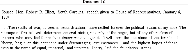 Directions: These questions are based on the accompanying documents.The documents have been edited for the purpose of this exercise. In your response you should do the following: •State a relevant thesis that directly addresses all parts of the question. •Support the thesis or a relevant argument with evidence from all,or all but one,of the documents. •Incorporate analysis of all,or all but one,of the documents into your argument. •Focus your analysis of each document on at least one of the following: intended audience,purpose,historical context,and/or point of view. •Support your argument with analysis of historical examples outside the documents. •Connect historical phenomena relevant to your argument to broader events or processes. •Synthesize the elements above into a persuasive essay that extends your argument,connects it to a different historical context,or accounts for contradictory evidence on the topic. Evaluate to what extent Reconstruction was a failure for the newly emancipated blacks in the period from 1865 to 1877.              <div style=padding-top: 35px> 