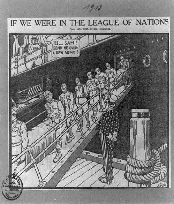 The following questions refer to the cartoon below.    Library of congress Prints and photographic Division[ LC-USZ62-85742] John Bull,representing Great Britain,asks Uncle Sam for a 'new army' -Internal divisions over the issue depicted here would most directly be called into question A)  as the United States became involved in the Spanish American War. B)  as World War II began in Europe. C)  as the nation grappled with the policy of containment. D)  at the end of the Vietnam War.