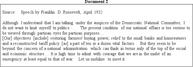DOCUMENT BASED DBQ Directions Directions: These questions are based on the accompanying documents.The documents have been edited for the purpose of this exercise. In your response you should do the following: •State a relevant thesis that directly addresses all parts of the question. •Support the thesis or a relevant argument with evidence from all,or all but one,of the documents. •Incorporate analysis of all,or all but one,of the documents into your argument. •Focus your analysis of each document on at least one of the following: intended audience,purpose,historical context,and/or point of view. •Support your argument with analysis of historical examples outside the documents. •Connect historical phenomena relevant to your argument to broader events or processes. •Synthesize the elements above into a persuasive essay that extends your argument,connects it to a different historical context,or accounts for contradictory evidence on the topic. Evaluate the role of the New Deal in shaping political alignments and party systems in the United States during the period from 1932 to 1940.              <div style=padding-top: 35px> 