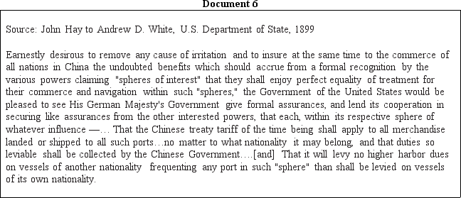 DOCUMENT BASED DBQ Directions Directions: These questions are based on the accompanying documents.The documents have been edited for the purpose of this exercise. In your response you should do the following: •State a relevant thesis that directly addresses all parts of the question. •Support the thesis or a relevant argument with evidence from all,or all but one,of the documents. •Incorporate analysis of all,or all but one,of the documents into your argument. •Focus your analysis of each document on at least one of the following: intended audience,purpose,historical context,and/or point of view. •Support your argument with analysis of historical examples outside the documents. •Connect historical phenomena relevant to your argument to broader events or processes. •Synthesize the elements above into a persuasive essay that extends your argument,connects it to a different historical context,or accounts for contradictory evidence on the topic. Analyze the motivations of the United States in its foreign-policy decisions in the period from 1898 to 1908.To what extent did the nation build consensus for its actions?              <div style=padding-top: 35px> 