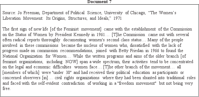 Directions: These questions are based on the accompanying documents.The documents have been edited for the purpose of this exercise. In your response you should do the following: •State a relevant thesis that directly addresses all parts of the question. •Support the thesis or a relevant argument with evidence from all,or all but one,of the documents. •Incorporate analysis of all,or all but one,of the documents into your argument. •Focus your analysis of each document on at least one of the following: intended audience,purpose,historical context,and/or point of view. •Support your argument with analysis of historical examples outside the documents. •Connect historical phenomena relevant to your argument to broader events or processes. •Synthesize the elements above into a persuasive essay that extends your argument,connects it to a different historical context,or accounts for contradictory evidence on the topic. To what extent did the civil rights campaigns for women,Latinos,and American Indians reflect the efforts of the African-American Civil Rights Movement? Discuss both continuities in the movements as well as strategic changes in the period from 1954 to 1978.              <div style=padding-top: 35px> 