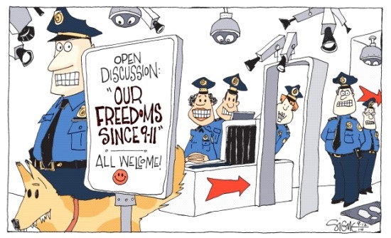 The following questions refer to the cartoon below.     Signe Wilkinson's/Cartoonist Group -Which of the following statements is correct about the period described in the cartoon? A)  The U.S. Constitution was considered unimportant after the attacks of September 11, 2001. B)  Immigration to the U.S. came to a complete halt after 2001. C)  The U.S. became increasingly isolated after the attacks of September 11, 2001. D)  The U.S. was forced to redefine its global role after September 11, 2001.