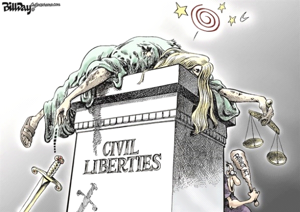 <strong>The following questions refer to the cartoon below. Cagle Cartoons The cartoon suggests which of the following historical trends in the period after 2001?</strong> A) Congress passed controversial legislation which threatened basic American freedoms. B) Human rights and civil liberties were unimportant to Americans in the wake of 9/11. C) The justice system in the U.S. was corrupt and beyond repair. D) Americans desired to colonize the Middle East after the 9/11 attacks.