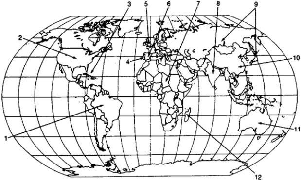 Locate the following places by reference number on the map: The World Known to Europe During the Age of Discovery, 1492-1609    -____ Asia