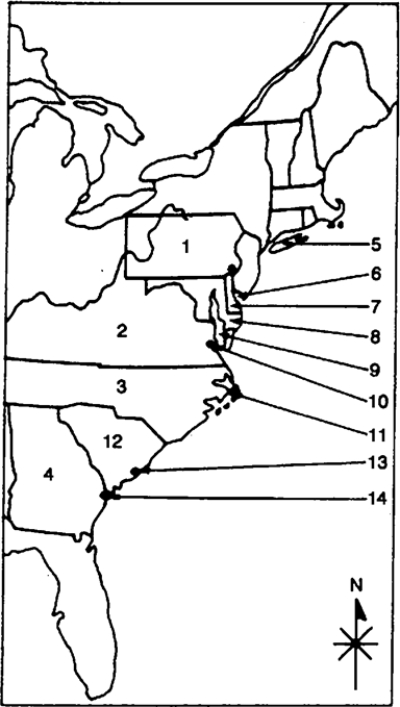 Locate the following places by reference number on the map: Colonizing the Chesapeake, the Carolinas, Georgia, and Pennsylvania in the 1600s ​    -____ Georgia