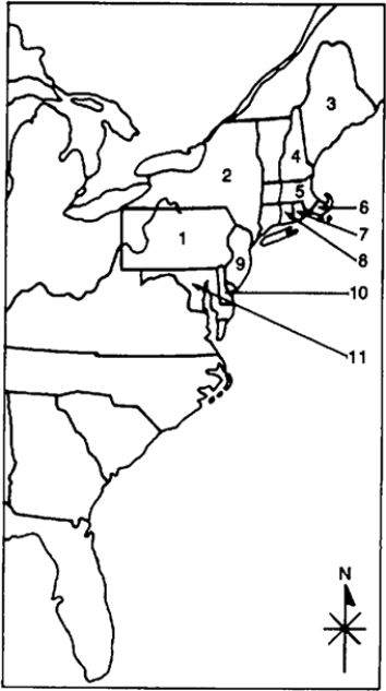 Locate the following places by reference number on the map: ​The Settlement of the Northern Colonies, 1619-1700    -____ New Hampshire