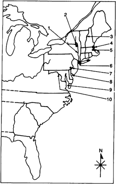 Locate the following places by reference number on the map: Key Locales of Political, Economic, and Religious Ferment and Development in the Northern Colonies, 1619-1700    -____ Albany