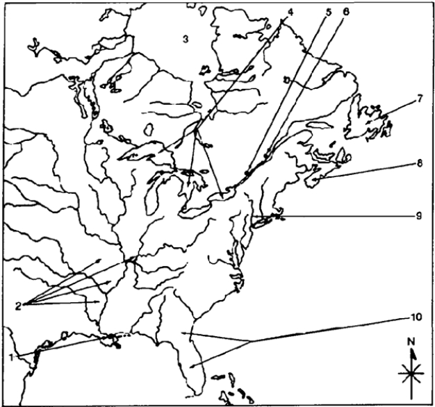 Locate the following places by reference number on the map: ​Great Britain, France, and Spain Clash for Supremacy in North America, 1689-1763 ​    -____ Newfoundland