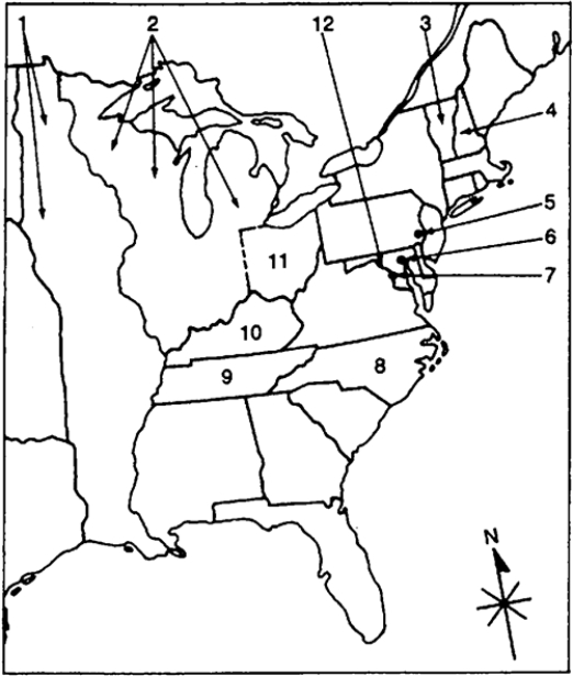 Locate the following places by reference number on the map: ​The United States, Spanish Louisiana, and the Old Northwest Around 1789 and Before the Louisiana Purchase     -____ Potomac River