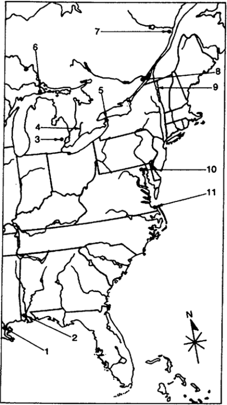 Locate the following places by reference number on the map: ​Battles and Strategic Locales in the War of 1812    -____ Thames River