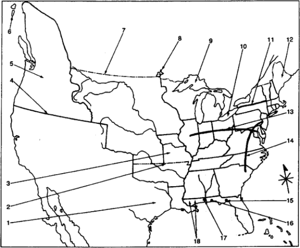 Locate the following places by reference number on the map: ​The United States and Its Territories Following the Missouri Compromise of 1820-1821    -____ Lake of the Woods