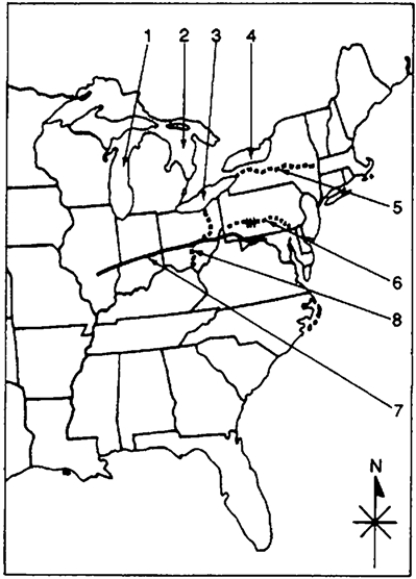 Locate the following places by reference number on the map: ​ Major Canals, Lakes, and Roads Linking the East and West, 1810-1860    -____ Lake Ontario