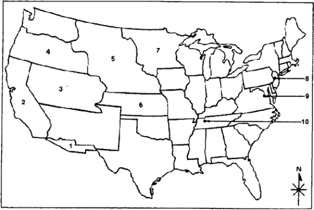 Locate the following places by reference number on the map:  The United States and Its Territories (Free and Slave) following the Kansas-Nebraska Act of 1854    -____ Washington, D.C.