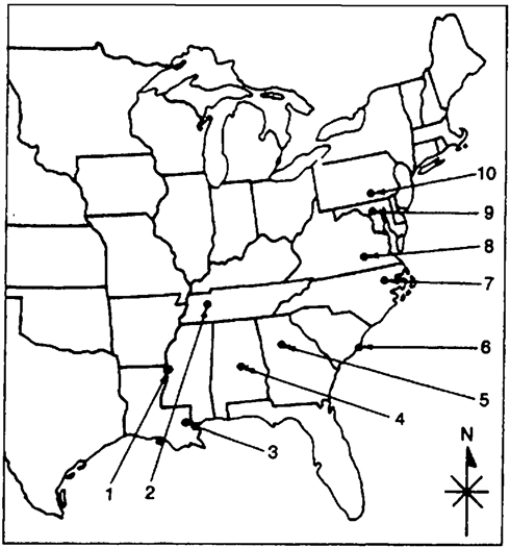 Locate the following places by reference number on the map:  ​Key Battles and Strategic Cities of the Civil War, 1861-1865    -____ Fort Sumter