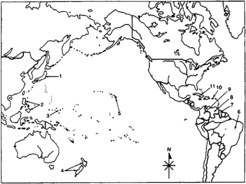 Locate the following places by reference number on the map: ​South America, the Caribbean, the South Pacific, and Japan on the Eve of the Spanish-American War, c. 1898​    -____ Three territorial acquisitions made by the United States in the Treaty of Paris, which ended the Spanish-American War.