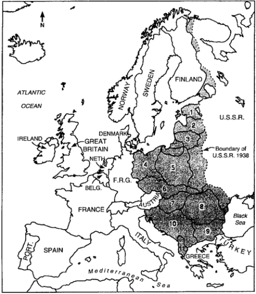 Locate the following places in Eastern and Central Europe by reference number on the map: ​​  Europe in the Early Post-World War II Period, c. 1945    -____ Bulgaria