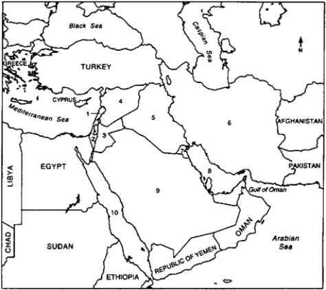 Locate the following places by reference number on the map: ​The Middle East During the Persian Gulf Crisis, 1990-1991 ​    -____ Israel