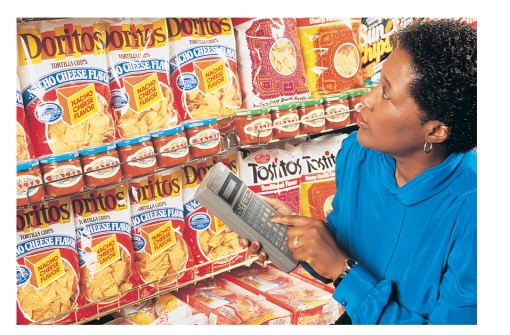 FIGURE 17-1   -When a Frito-Lay salesperson, such as the one shown above in Figure 17-1, takes an inventory of Doritos chips to ensure that the snacks are in adequate supply on retailers' shelves, what form of buying decision does the manager engage in? A) new buy B) modified rebuy C) straight rebuy D) team rebuy E) need rebuy