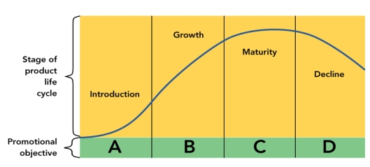 FIGURE 15-4   -Informing the consumer in an effort to increase their level of awareness is the promotional objective during which stage of the product life cycle as shown in Figure 15-4 above? A) introduction B) growth C) maturity D) decline E) termination