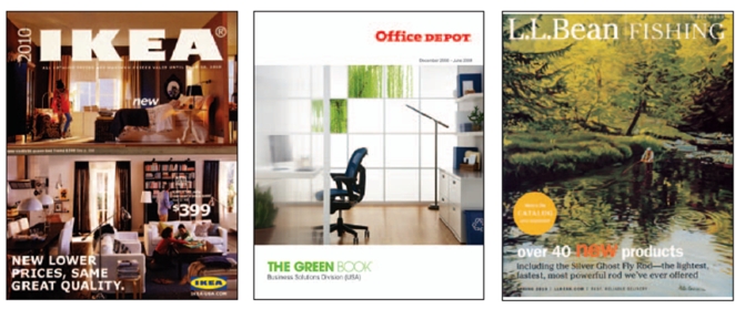 FIGURE 14-4   -Usage of specialty catalogs, like those from firms like IKEA, Office Depot, and L.L.Bean (see Figure 14-4 above)  have been affected by all of the following factors except: A) influence of larger retailers has been positive as their marketing activities have increased the number and variety of products consumers purchase through direct mail and catalogs. B) higher paper costs, increase in postage rates, and the possibility of the U.S.Postal Service reducing delivery to five days a week. C) growing interest in do-not-mail legislation. D) concern for  green  mailings and catalogs. E) growing influence of television home shopping where consumers order over the telephone.