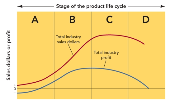 FIGURE 11-1   -The stage in the product life cycle labeled  D  in Figure 11-1 above is called A) introduction. B) maturity. C) growth. D) diversification. E) decline.
