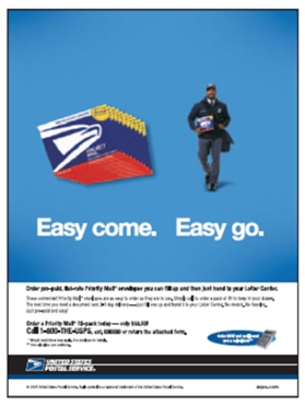 FIGURE 11-15   -As depicted in Figure 11-15 above, the United States Postal Service uses advertising to stress the A) convenience of its services. B) exclusivity of its services. C) efforts to influence consumer demand. D) inseparability of its services. E) benefits of using their services.