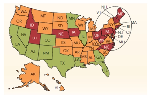 FIGURE 10-6   -In the Marketing dashboards shown in Figure 10-5 above,  green  indicates an annual growth rate that is greater than 10%;  orange  signifies an annual growth rate of between 0%-10%; and  red  represents a decline or negative annual growth rate.If an organization's 2010 sales for entire U.S.were $50 million and its 2009 U.S.sales were $30 million, what is the annual % sales change? A) 50% B) 75% C) 100% D) 120% E) 150%