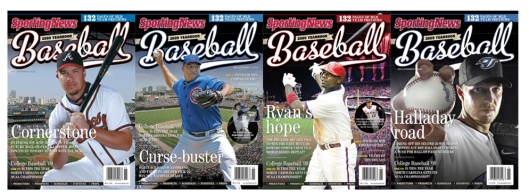 FIGURE 9-2   -The Sporting News Baseball Yearbook uses 16 different covers featuring a baseball star from each of its regions in the United States.Four samples are shown in Figure 9-2 above.This is a great example of a A) interest-based segmentation. B) segmenting organizational markets. C) one product and multiple market segments. D) multiple products and multiple market segments. E) segments of one, or mass customization.