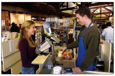 FIGURE 8-5   -Shown in Figure 8-5 above, a customer is having her groceries scanned at the supermarket checkout counter.The data are collected and processed by services such as Information Resources' InfoScan.Which of the following data are not collected at retail checkout counters? A) responses to coupons B) responses to free samples C) product sales D) product bar codes E) household demographics