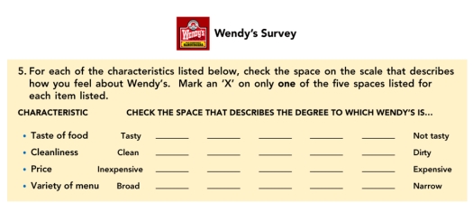 FIGURE 8-15   -Question 5 in the Wendy's Survey in Figure 8-15 above, best illustrates which type of question format? A) dichotomous B) open-ended C) Likert D) attitudinal E) semantic differential